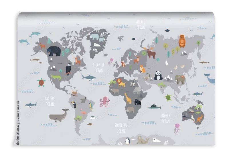 fototapeta mapa swiata ze zwierzetami