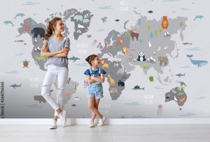fototapeta mapa swiata ze zwierzetami