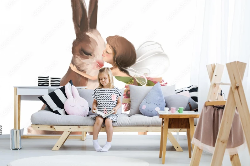 fototapeta slodkie recznie rysowane bajki w kwiecistej sukience calujac