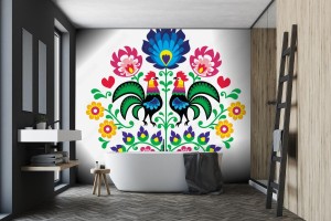 fototapeta polski haft ludowy z kogutami wzory lowickie