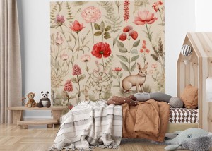 fototapeta zajaczek i kwiaty w pastelowych naturalnych kolorach