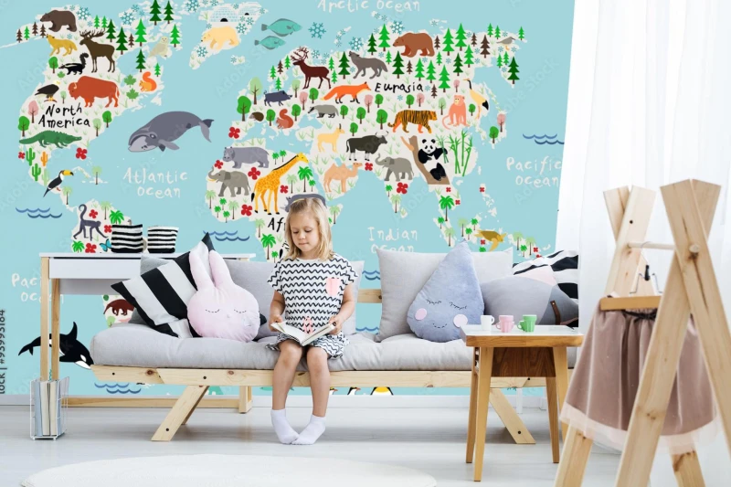 fototapeta zwierzeca mapa swiata dla dzieci i dzieci