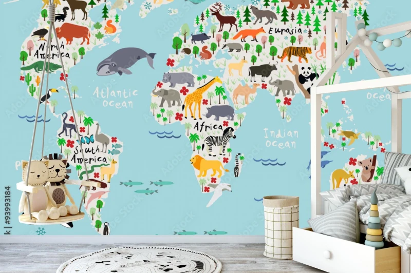 fototapeta zwierzeca mapa swiata dla dzieci i dzieci
