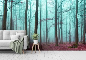 fototapeta magiczny las w kolorze czerwonym i turkusowym