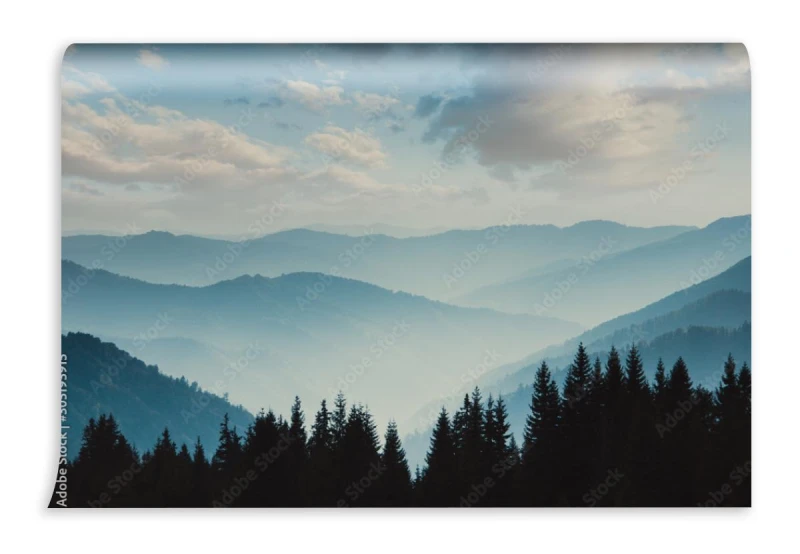 fototapeta krajobraz mglistych gor widok lasu iglastego