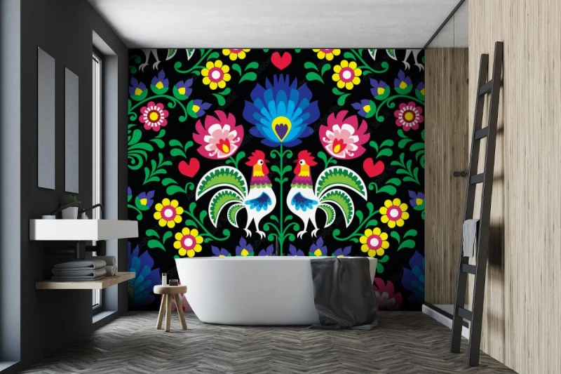 fototapeta wzor polskiej sztuki ludowej z kogutami wzory