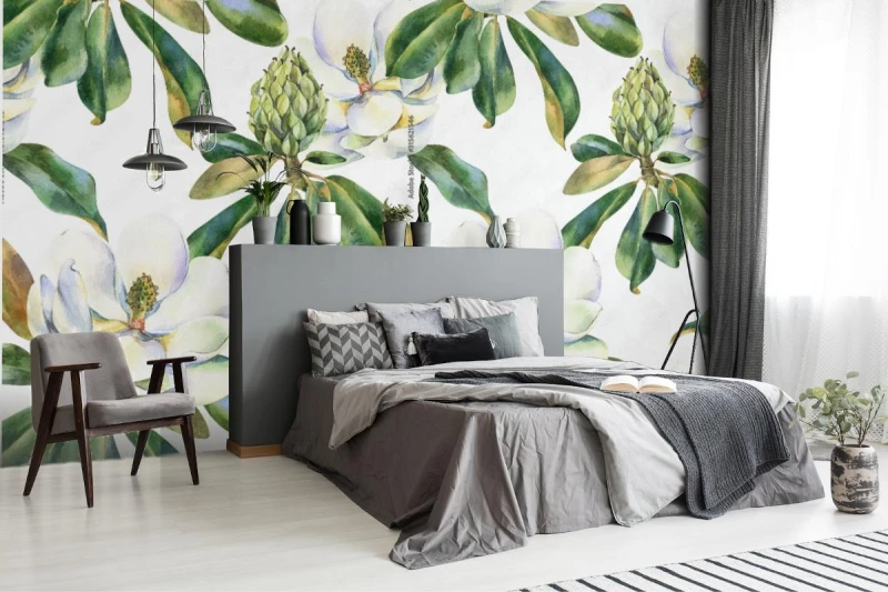 fototapeta akwarela bezszwowe wzor z bialej magnolii
