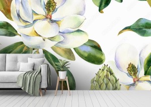 fototapeta akwarela bezszwowe wzor z bialej magnolii