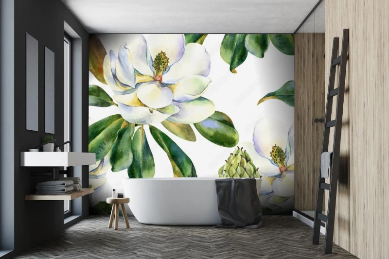 fototapeta akwarela bezszwowe wzor z bialej magnolii