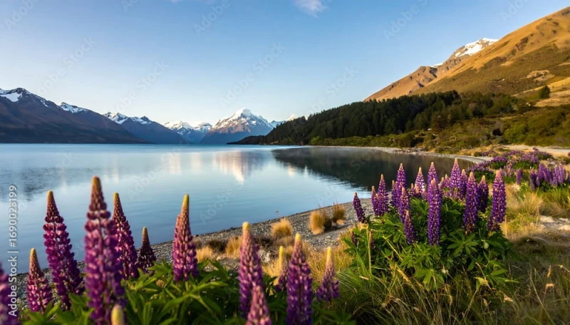 Fototapeta jezioro Tekapo z kwiatami