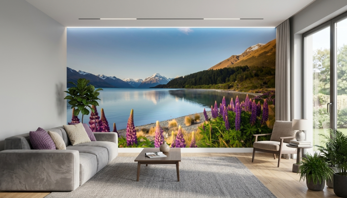 Fototapeta jezioro Tekapo z kwiatami