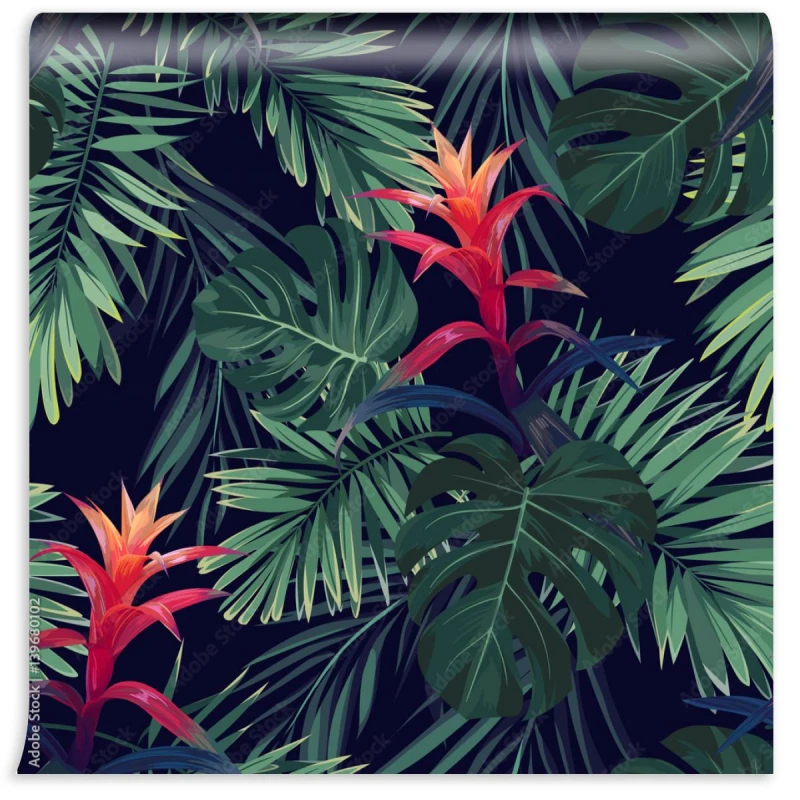 fototapeta czerwone kwiaty guzmania z liscmi palm krolewskich