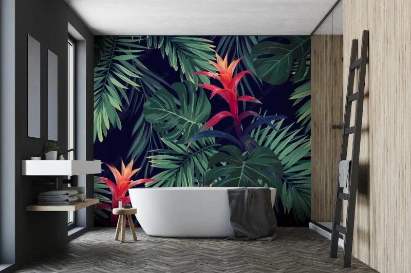 fototapeta czerwone kwiaty guzmania z liscmi palm krolewskich
