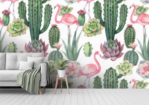 fototapeta flamingi i kaktus z kwiatem