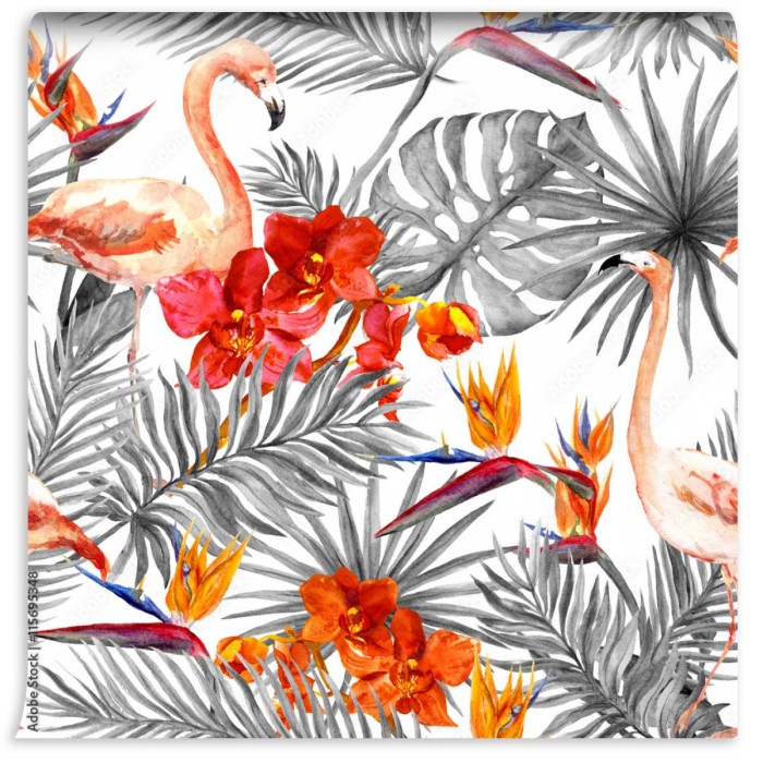 fototapeta flamingi i liscie tropikalne egzotyczne kwiaty