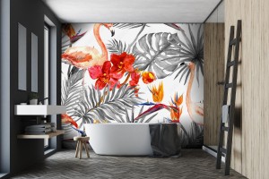 fototapeta flamingi i liscie tropikalne egzotyczne kwiaty