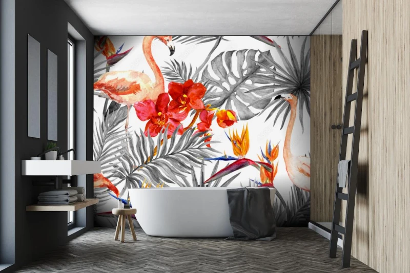 fototapeta flamingi i liscie tropikalne egzotyczne kwiaty