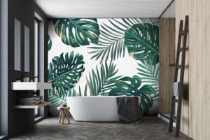 fototapeta liscie na bialym tle monstera i paproc