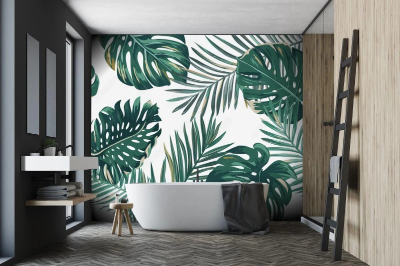 fototapeta liscie na bialym tle monstera i paproc