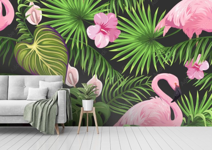 fototapeta rozowe flamingi na ciemnym tle z liscmi