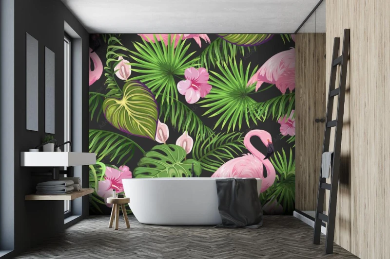 fototapeta rozowe flamingi na ciemnym tle z liscmi