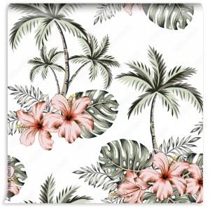 fototapeta tropikalne kwiaty hibiskusa monstera palm
