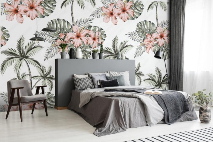 fototapeta tropikalne kwiaty hibiskusa monstera palm