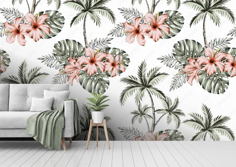 fototapeta tropikalne kwiaty hibiskusa monstera palm