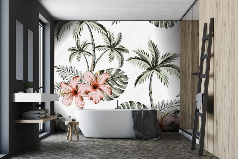 fototapeta tropikalne kwiaty hibiskusa monstera palm