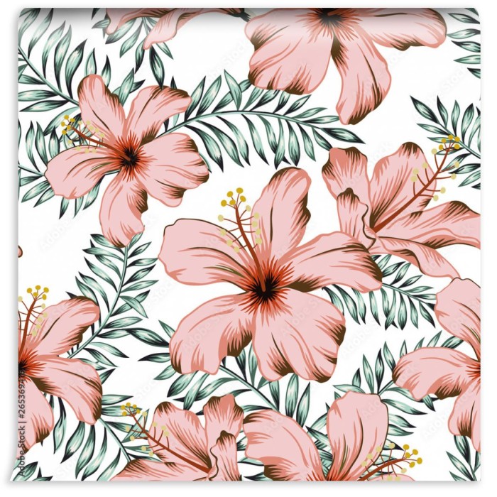 fototapeta tropikalne rozowe kwiaty hibiskusa liscie pa