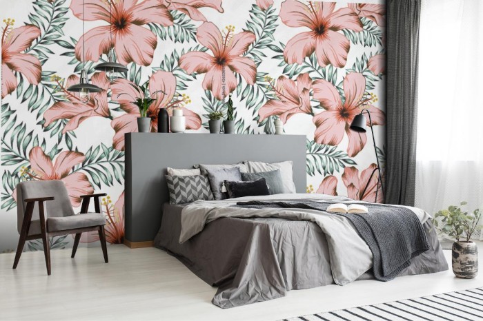fototapeta tropikalne rozowe kwiaty hibiskusa liscie pa
