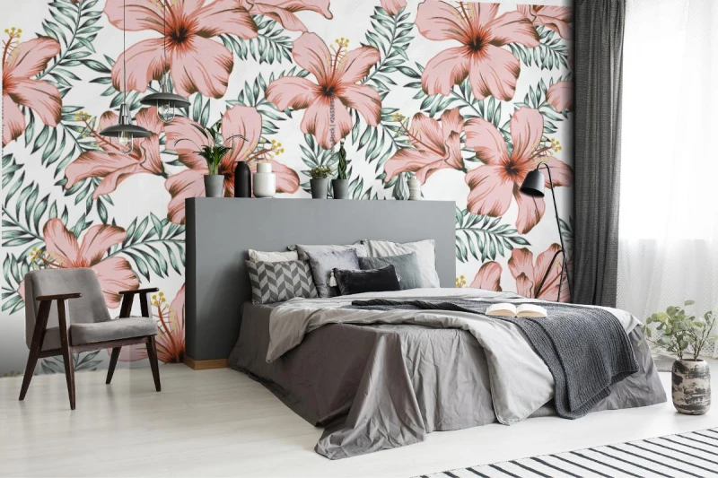 fototapeta tropikalne rozowe kwiaty hibiskusa liscie pa
