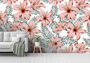 fototapeta tropikalne rozowe kwiaty hibiskusa liscie pa