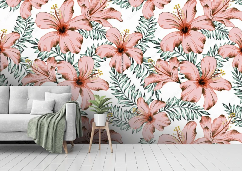 fototapeta tropikalne rozowe kwiaty hibiskusa liscie pa