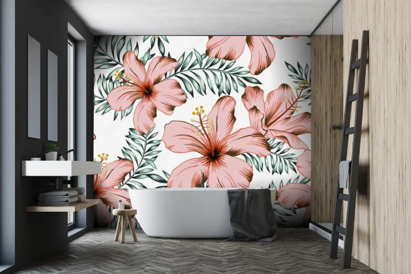 fototapeta tropikalne rozowe kwiaty hibiskusa liscie pa