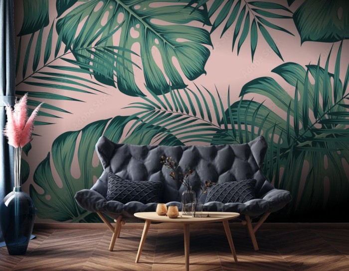 fototapeta tropikalny wzor z liscia monstera i areki p