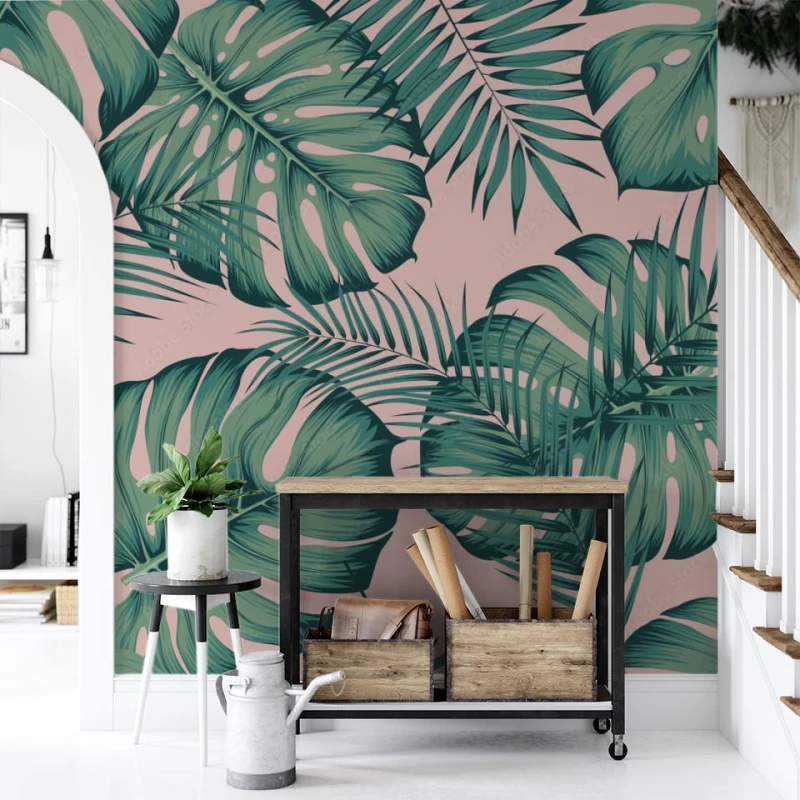 fototapeta tropikalny wzor z liscia monstera i areki p