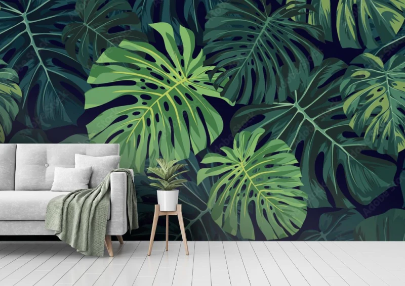 fototapeta tropikalny wzor z zielona monstera palma na ci