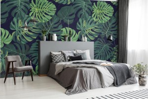 fototapeta z zielona monstera palma na ciemnym tle
