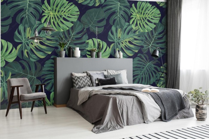 fototapeta z zielona monstera palma na ciemnym tle