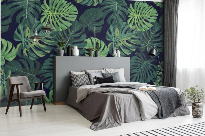 fototapeta z zielona monstera palma na ciemnym tle