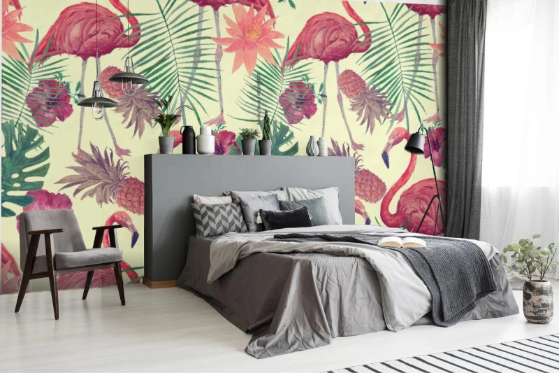 fototapeta akwarela wzor z flamingo lisci kwiatow hanad wy