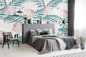 fototapeta egzotyczne rozowe ptaki flamingo z piorami ci