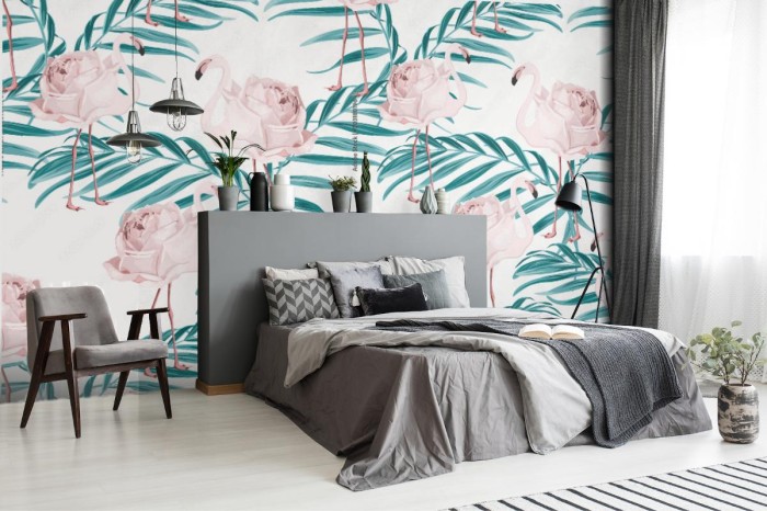 fototapeta egzotyczne rozowe ptaki flamingo z piorami ci