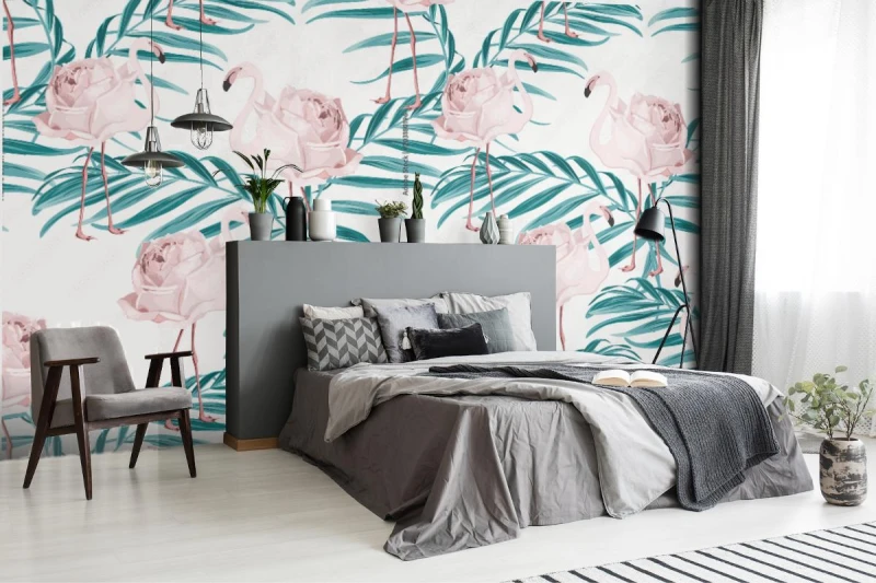 fototapeta egzotyczne rozowe ptaki flamingo z piorami ci