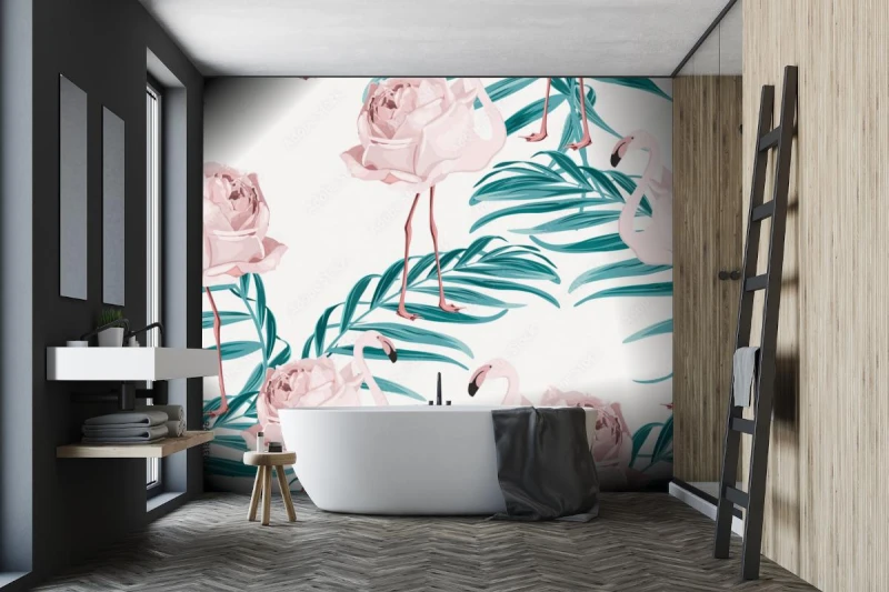 fototapeta egzotyczne rozowe ptaki flamingo z piorami ci