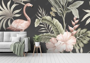 fototapeta flamingi i liscie bananowca na czarnym tle