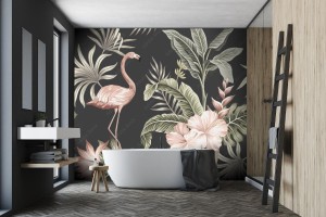 fototapeta flamingi i liscie bananowca na czarnym tle