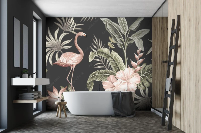 fototapeta flamingi i liscie bananowca na czarnym tle