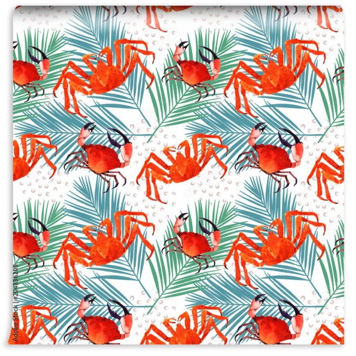 fototapeta krab i tropikalne liscie akwarela